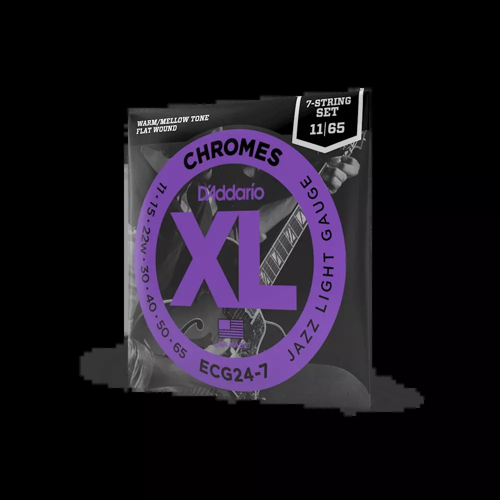 D'Addario ECG24-7 Chromes Flat Wound 7-String Electric Guitar Strings, Jazz Light, 11-65