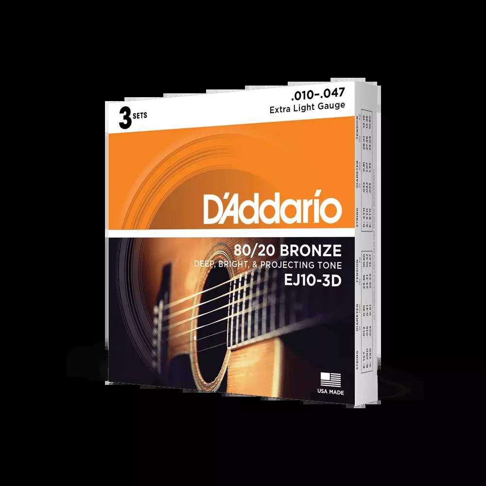 D'Addario EJ10-3D Bronze Acoustic Guitar Strings, Extra Light, 10-47, 3 Sets