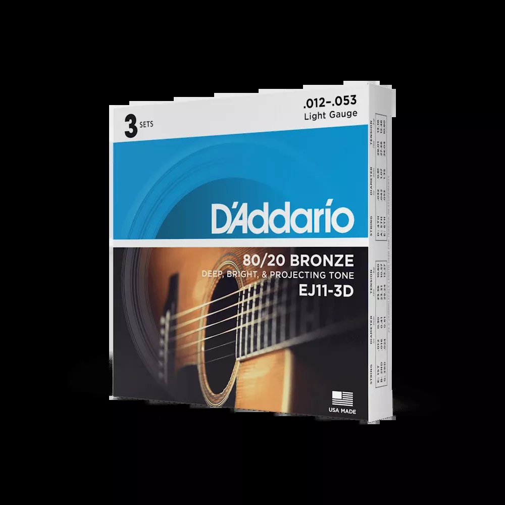 D'Addario EJ11-3D 80/20 Bronze Acoustic Guitar Strings, Light, 12-53, 3 Sets