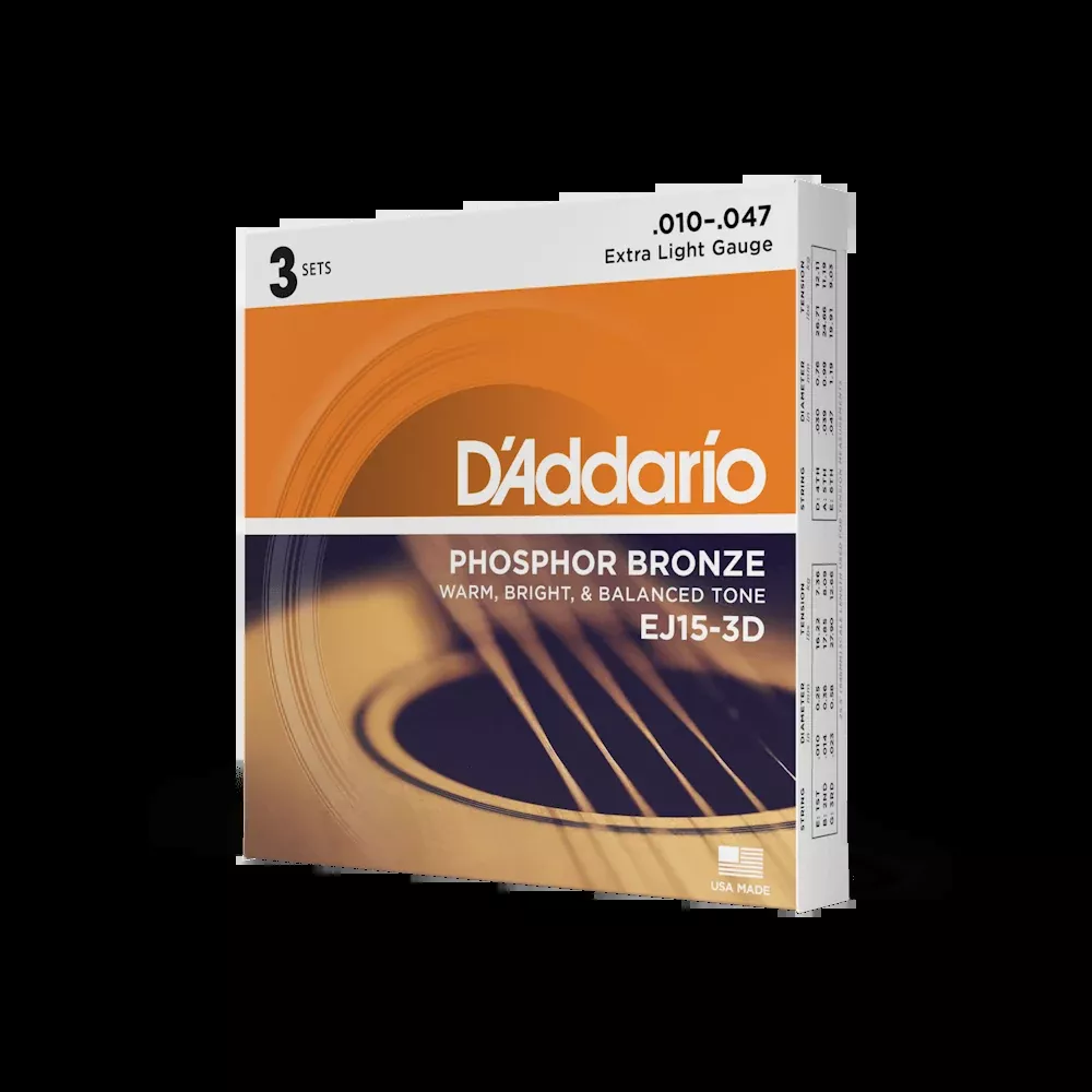 D'Addario EJ15-3D Phosphor Bronze Acoustic Guitar Strings, Extra Light, 3 Sets