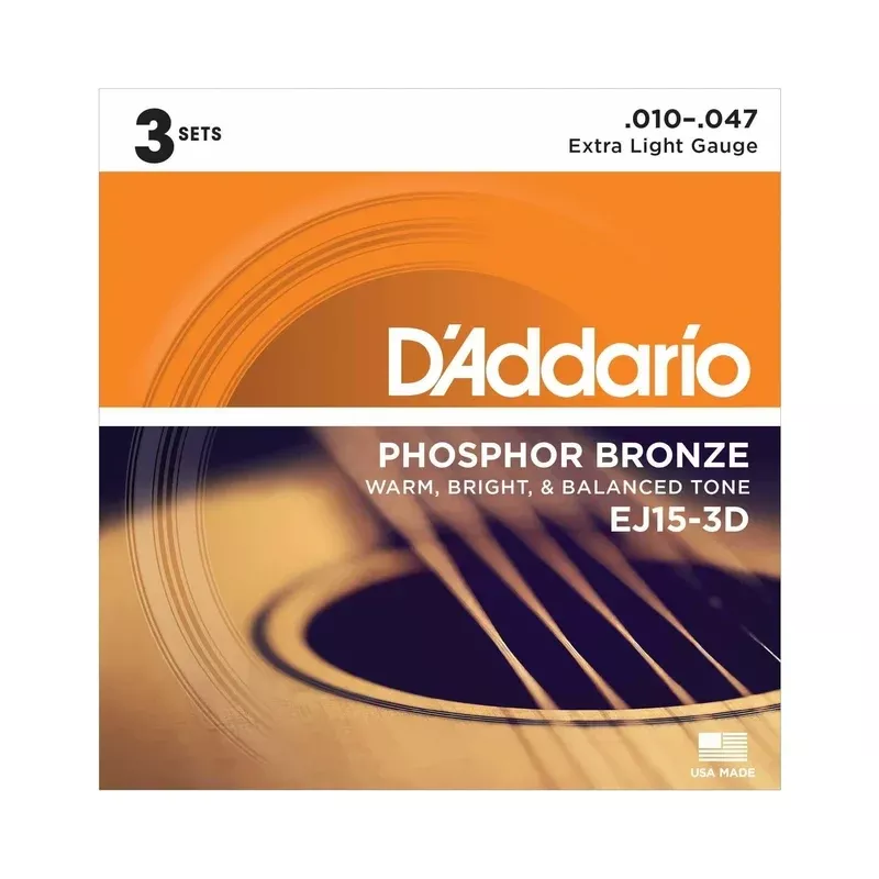 D’Addario EJ15-3D Phosphor Bronze Extra Light Gauge Acoustic Guitar Strings, Three Pack