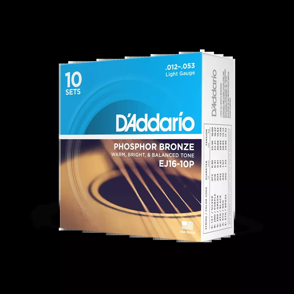 D'Addario EJ16-10P Phosphor Bronze Acoustic Guitar Strings, Light, 10 Sets
