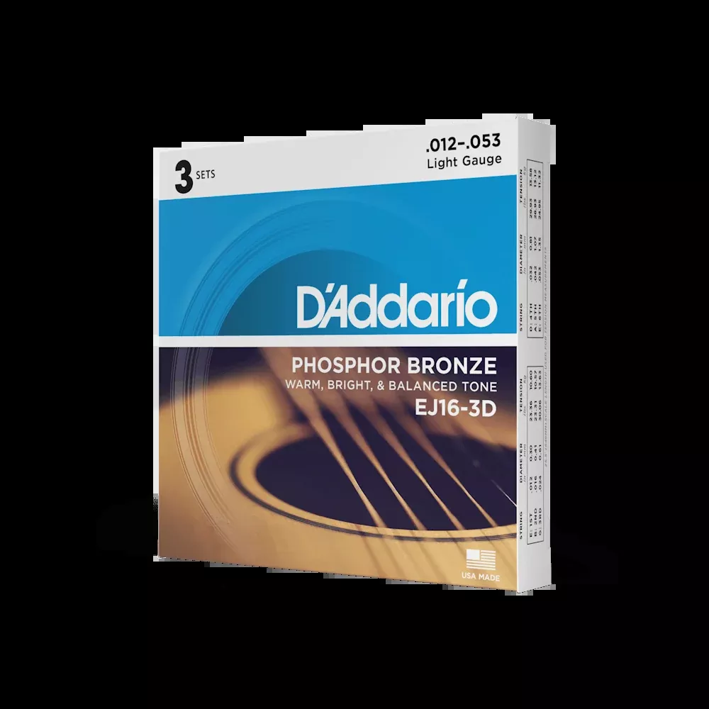 D'Addario EJ16-3D Phosphor Bronze Acoustic Guitar Strings, Light, 3 Sets