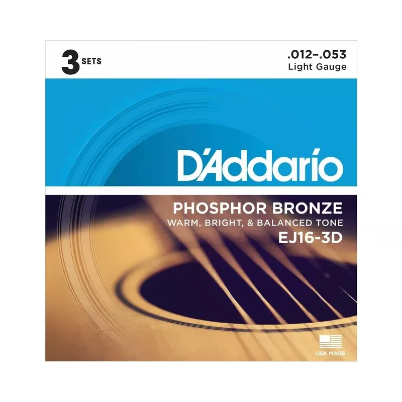 D’Addario EJ16-3D Phosphor Bronze Light Gauge Acoustic Guitar Strings, Three Pack