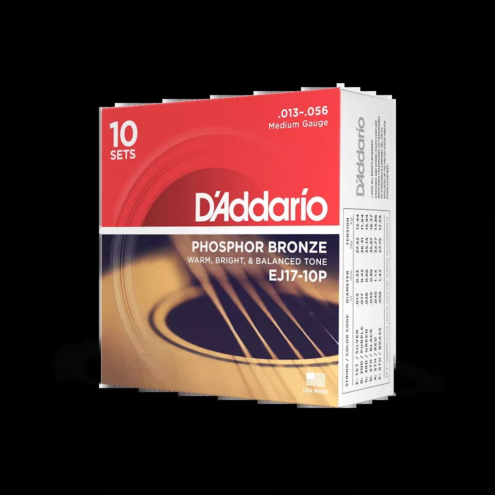D'Addario EJ17-10P Phosphor Bronze Acoustic Guitar Strings, Medium, 13-56, 10 Sets