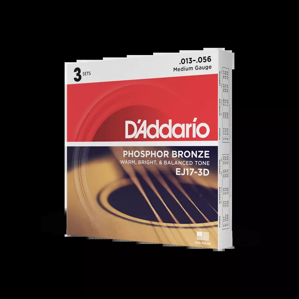 D'Addario EJ17-3D Phosphor Bronze Acoustic Guitar Strings, Medium, 13-56, 3 Sets