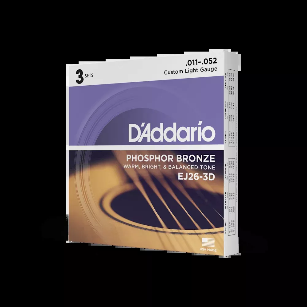 D'Addario EJ26-3D Phosphor Bronze Acoustic Guitar Strings, Custom Light, 11-52, 3 Sets