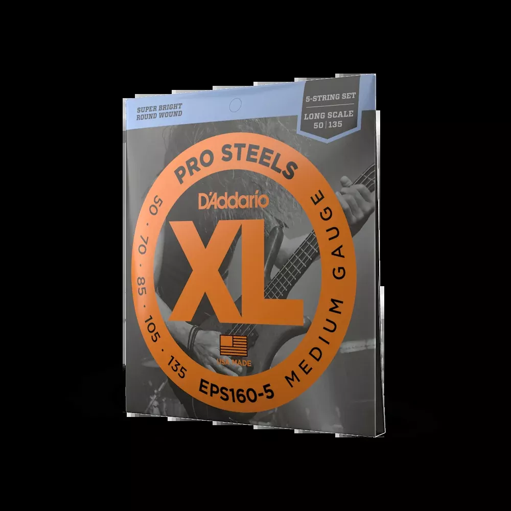 D'Addario EPS160-5 5-String ProSteels Bass Guitar Strings, Medium, 50-135, Long Scale