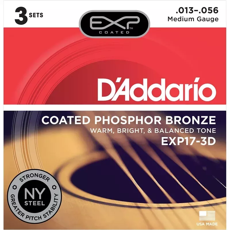 D’Addario EXP17 Coated Phosphor Acoustic Guitar Strings – Medium – 13-56 – 3 Sets