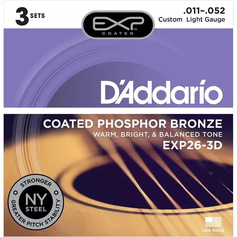 D’Addario EXP26 Coated Phosphor Bronze Acoustic Guitar Strings – Custom Light – 11-52 – 3 Sets