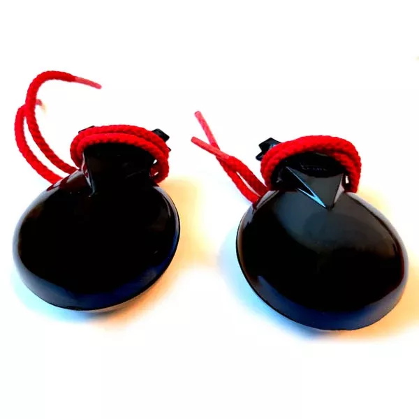 Danmar Castanets – Black Bakelite – Two Pairs With Red Cords