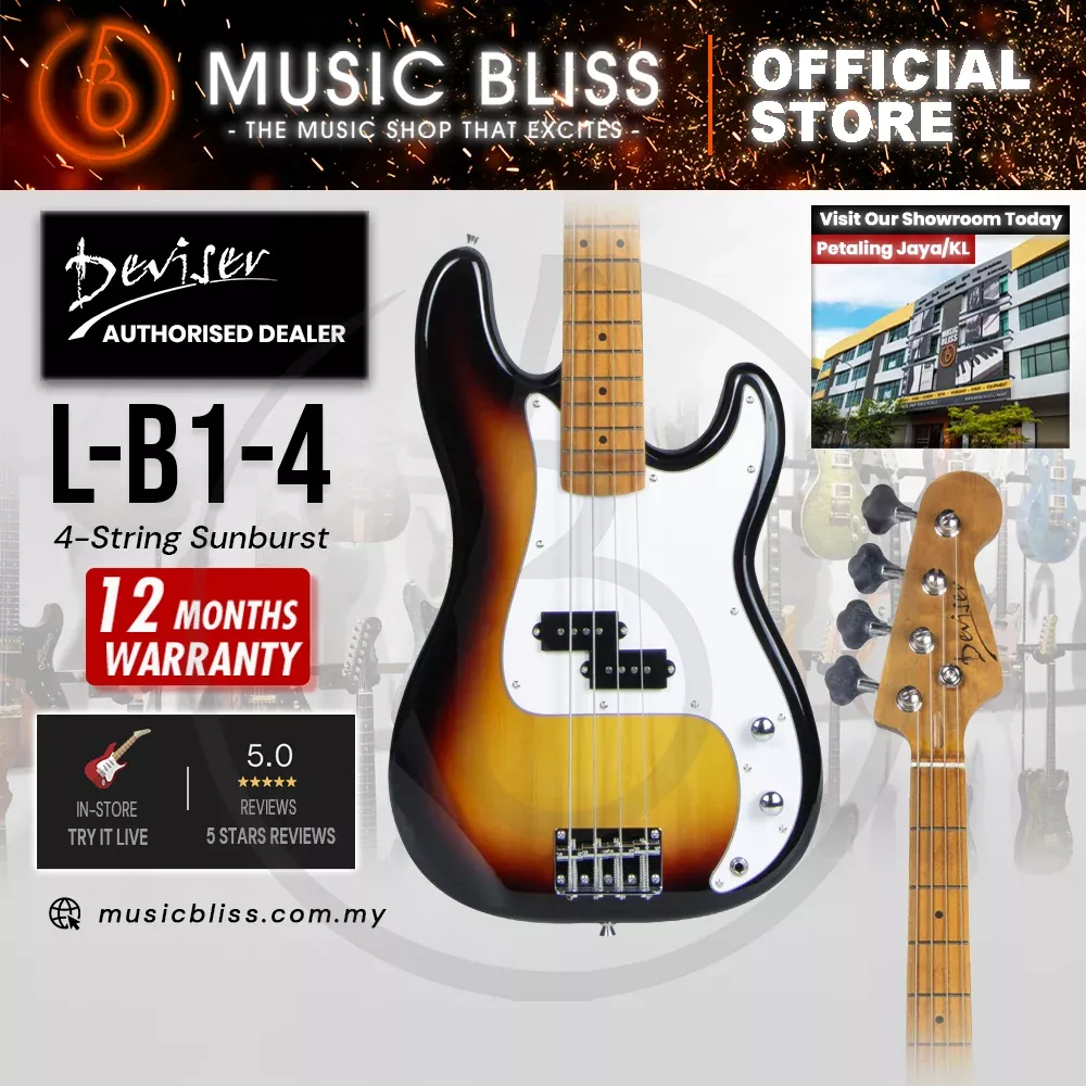Deviser L-B1-4-3TS Budget Beginner Electric P-Bass Guitar – 4-String Sunburst for Rock Kapak