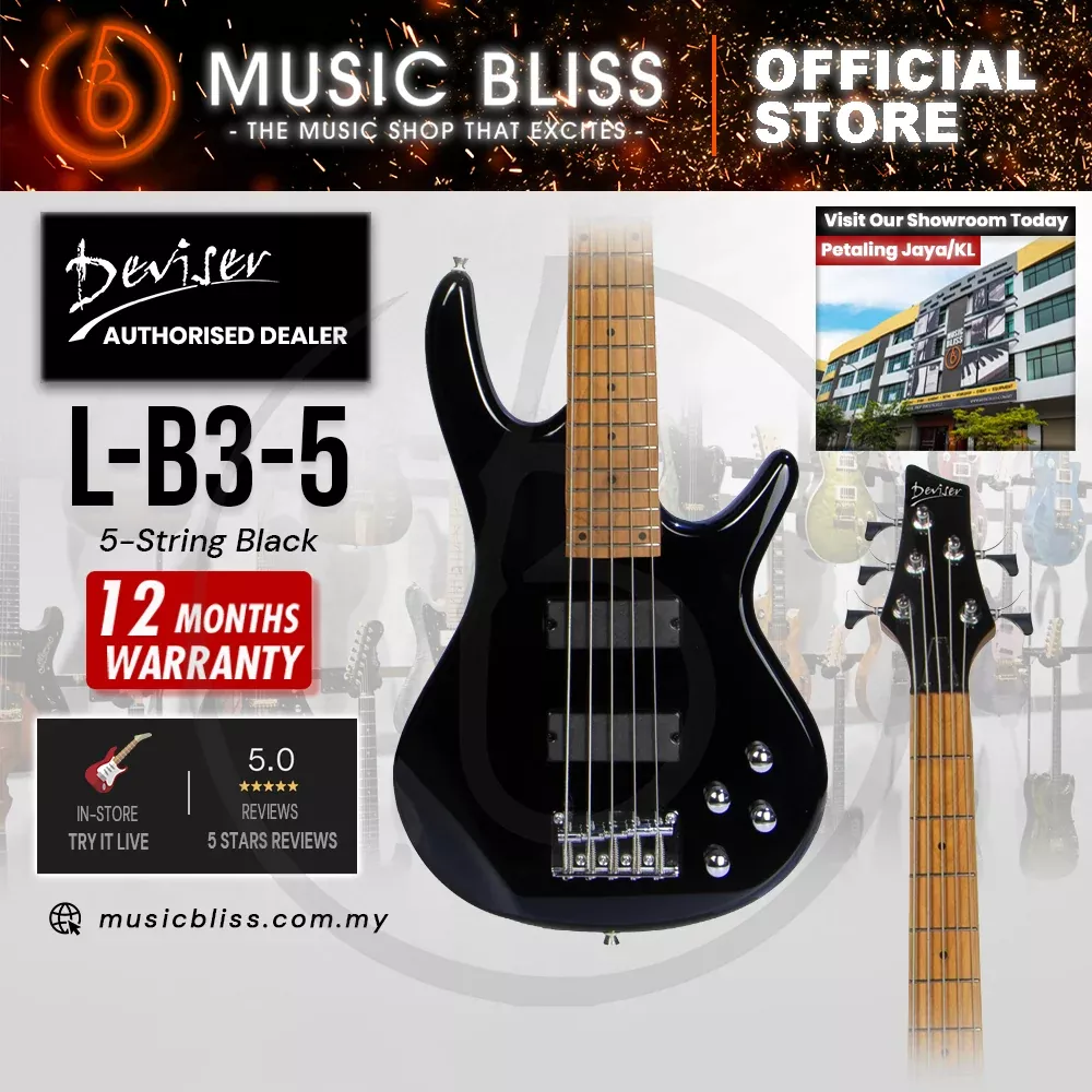 Deviser L-B3-5-BK Budget Beginner Electric Bass Guitar – 5-String Black for Rock Kapak