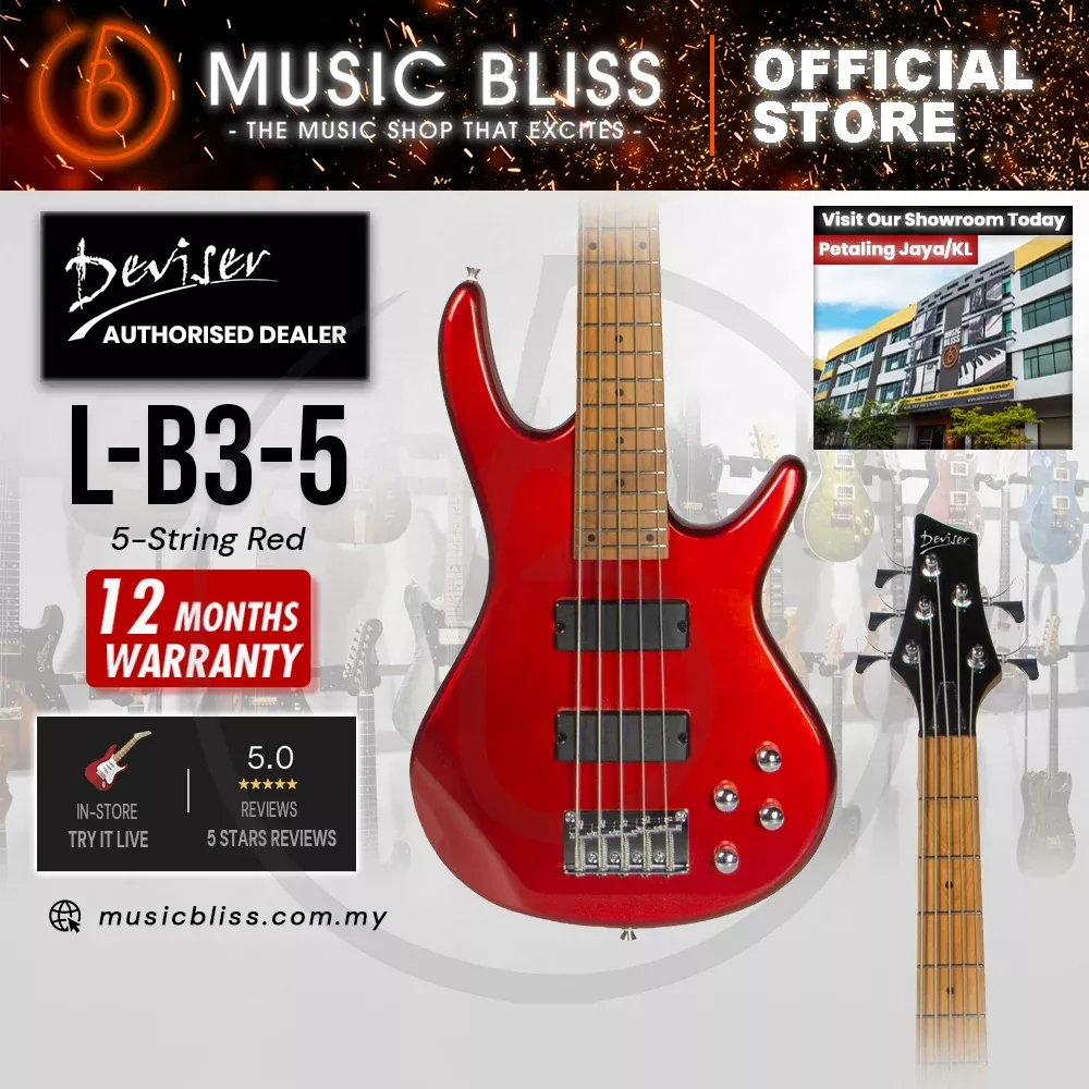 Deviser L-B3-5-RD Budget Beginner Electric Bass Guitar – 5-String Red for Rock Kapak