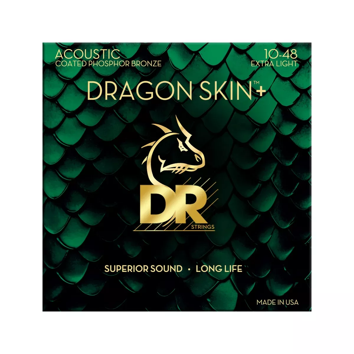 DR Strings DAP-10 Dragon Skin+ Coated Phosphor Bronze Acoustic Guitar Strings, Extra Light, 10-48