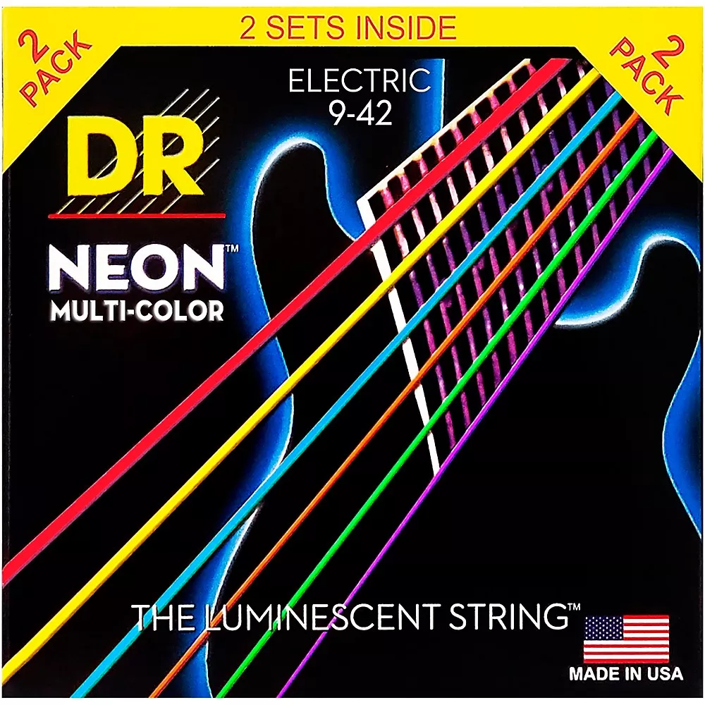 DR Strings Hi-Def NEON Multi-Color Light Electric Guitar Strings (9-42) 2 Pack