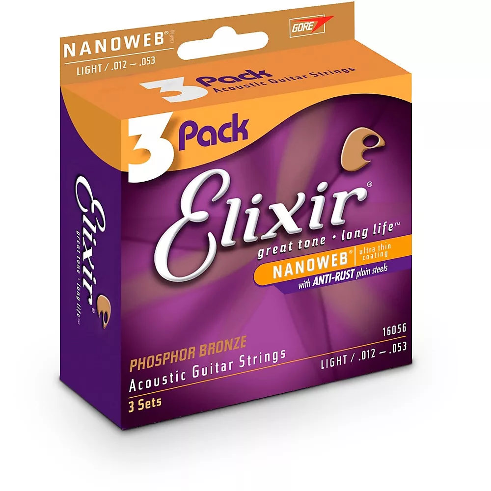 Elixir 16056 Nanoweb Phosphor Bronze Acoustic Guitar Strings 3-Pack - Light (12-53)