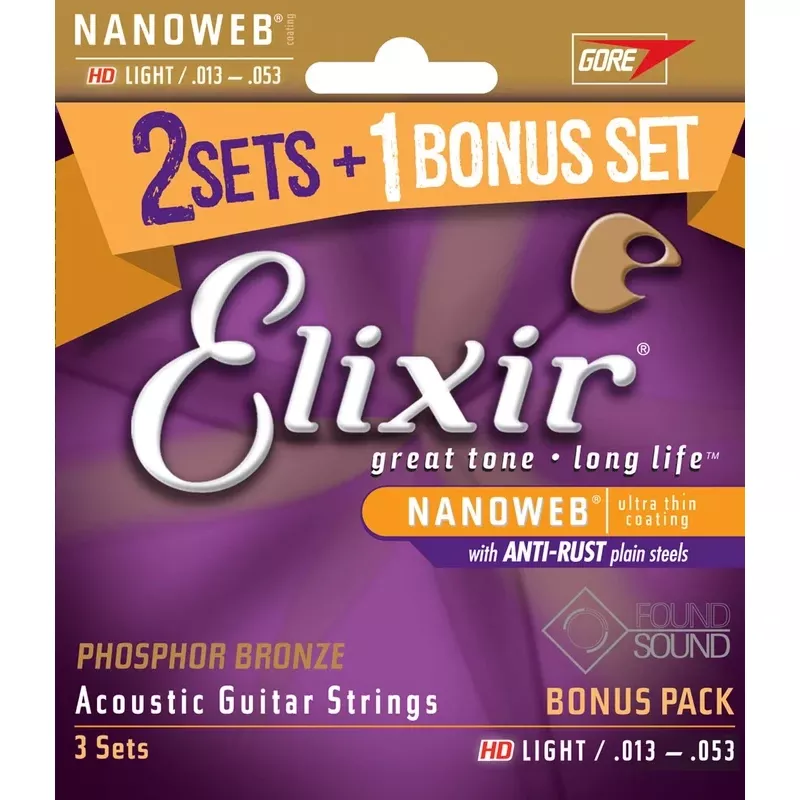Elixir 16545 Nanoweb Phosphor Bronze Light 3 Sets for the price of 2