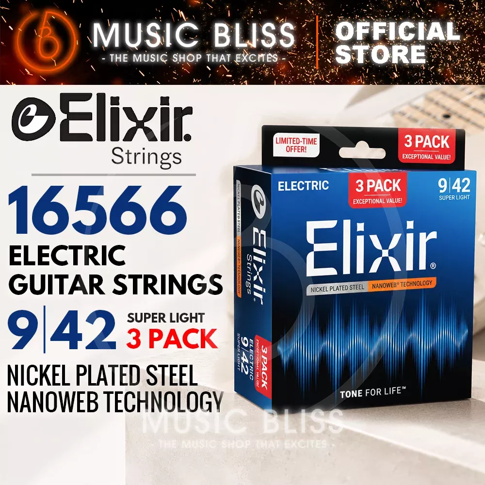 Elixir 16566 Nanoweb 9-42 Nickel-Plated Steel Electric Guitar Strings 3 Pack