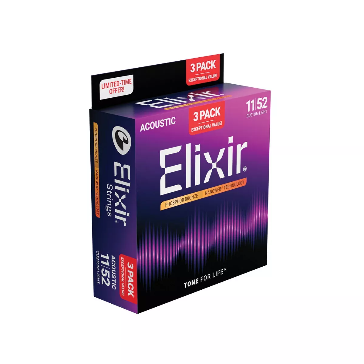 Elixir Nanoweb Acoustic Phosphor Bronze 11-52 – 3 Pack – Custom Light