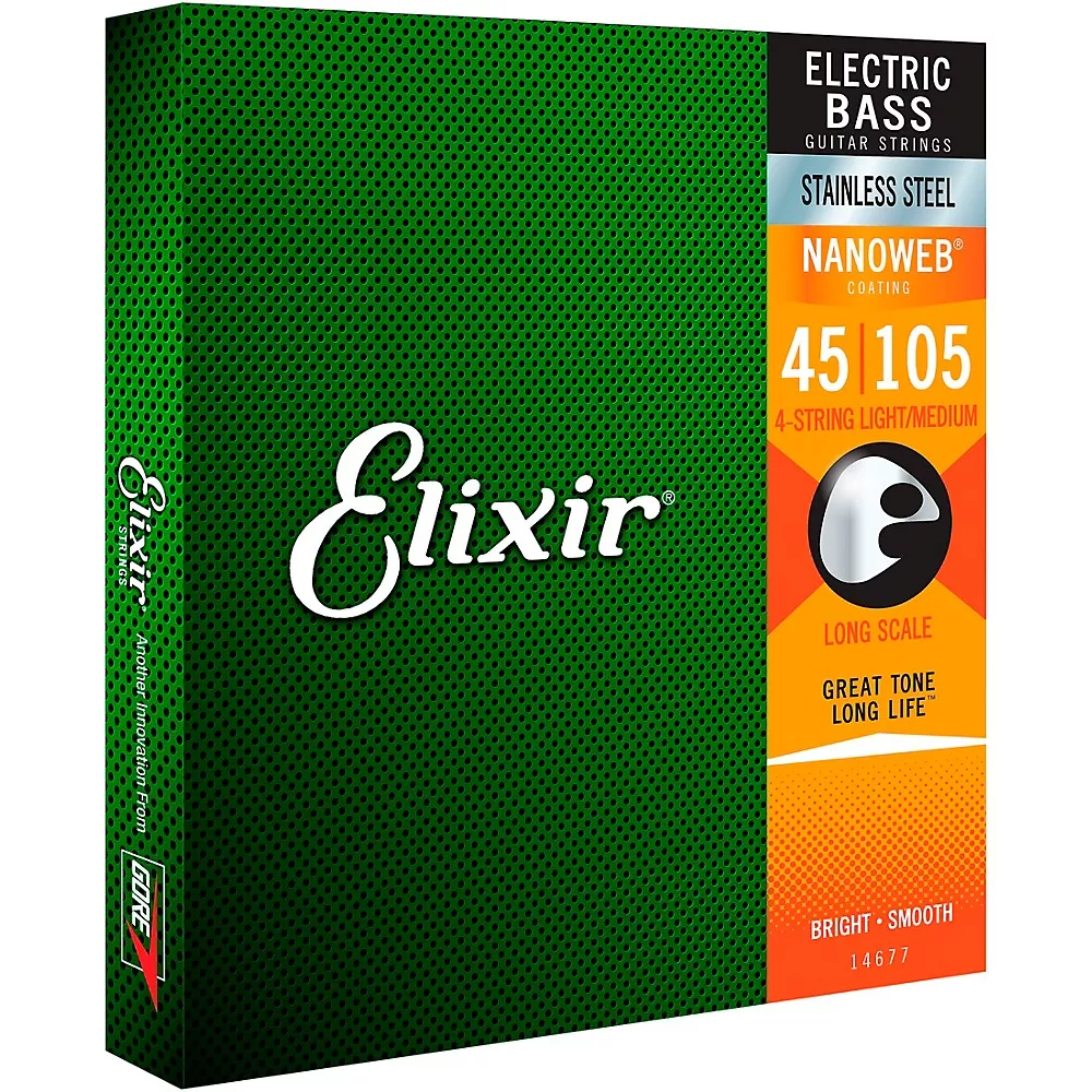 Elixir Stainless Steel 4-String Bass Strings with NANOWEB Coating, Long Scale, Light/Medium (.045-.105)
