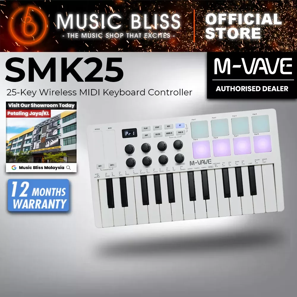 M-Vave SMK25 25-Key Wireless MIDI Keyboard Controller, Velocity Keys, Pitch/Mod Wheels, 8 RGB Drum Pads, USB-MIDI