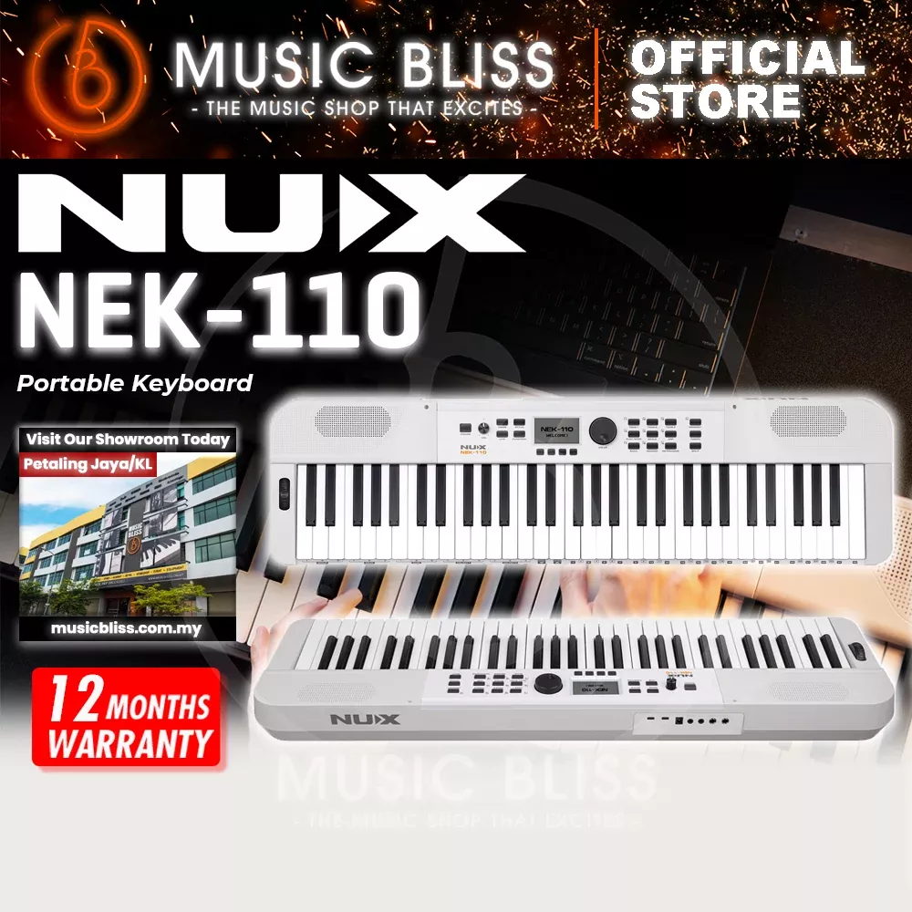 Nux NEK-110 61 Keys Portable Digital Electronic Keyboard with Touch Response and Bluetooth – White