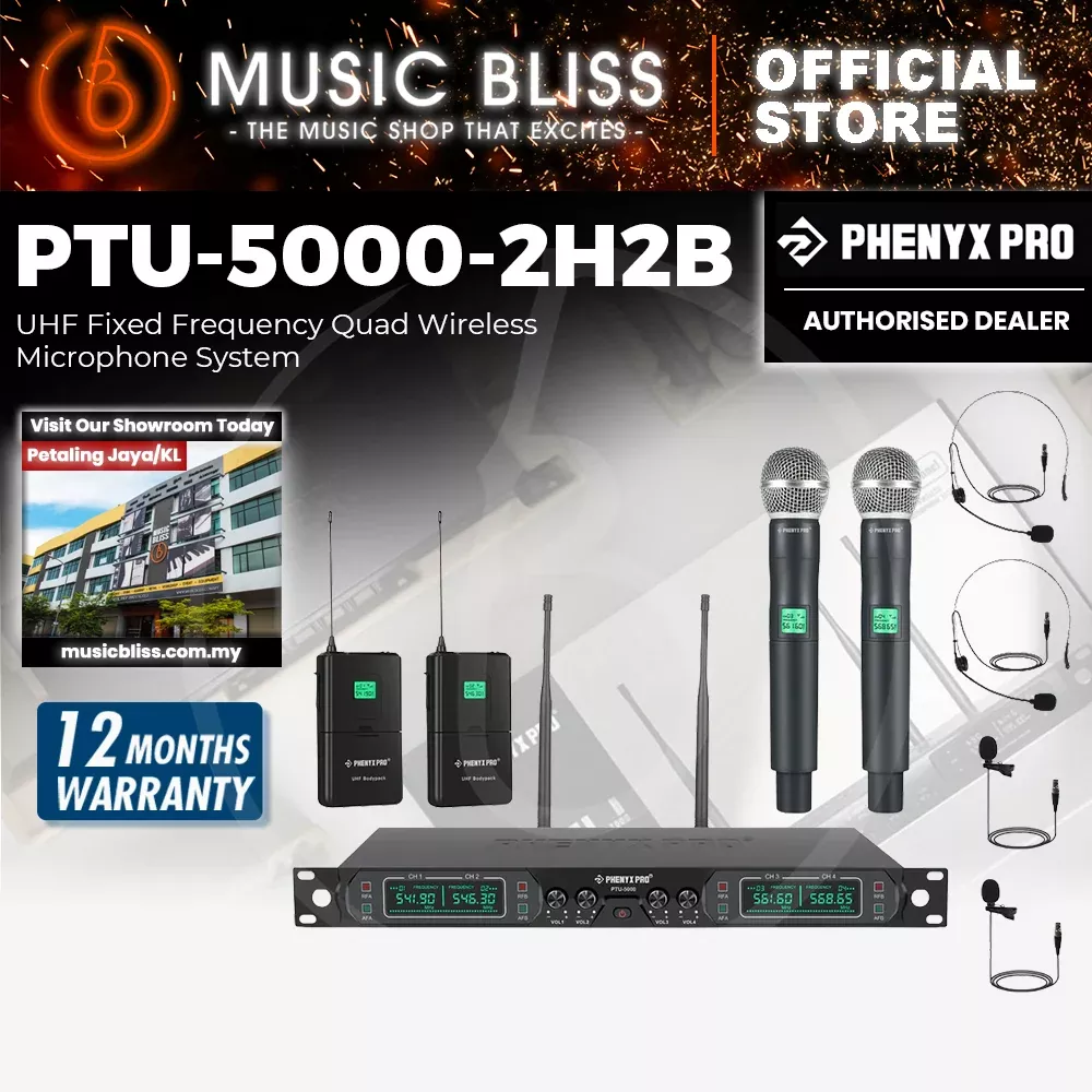 Phenyx Pro Best Budget Wireless PTU-5000-2H2B 4-Channel UHF Karaoke Wireless Microphone System, with 2x Handheld Microphone, 2x Bodypack 2x Headset Mic, 2x Lapel Mics, Fixed Frequency, 260ft Range, Ideal for Singing, Church, Karaoke