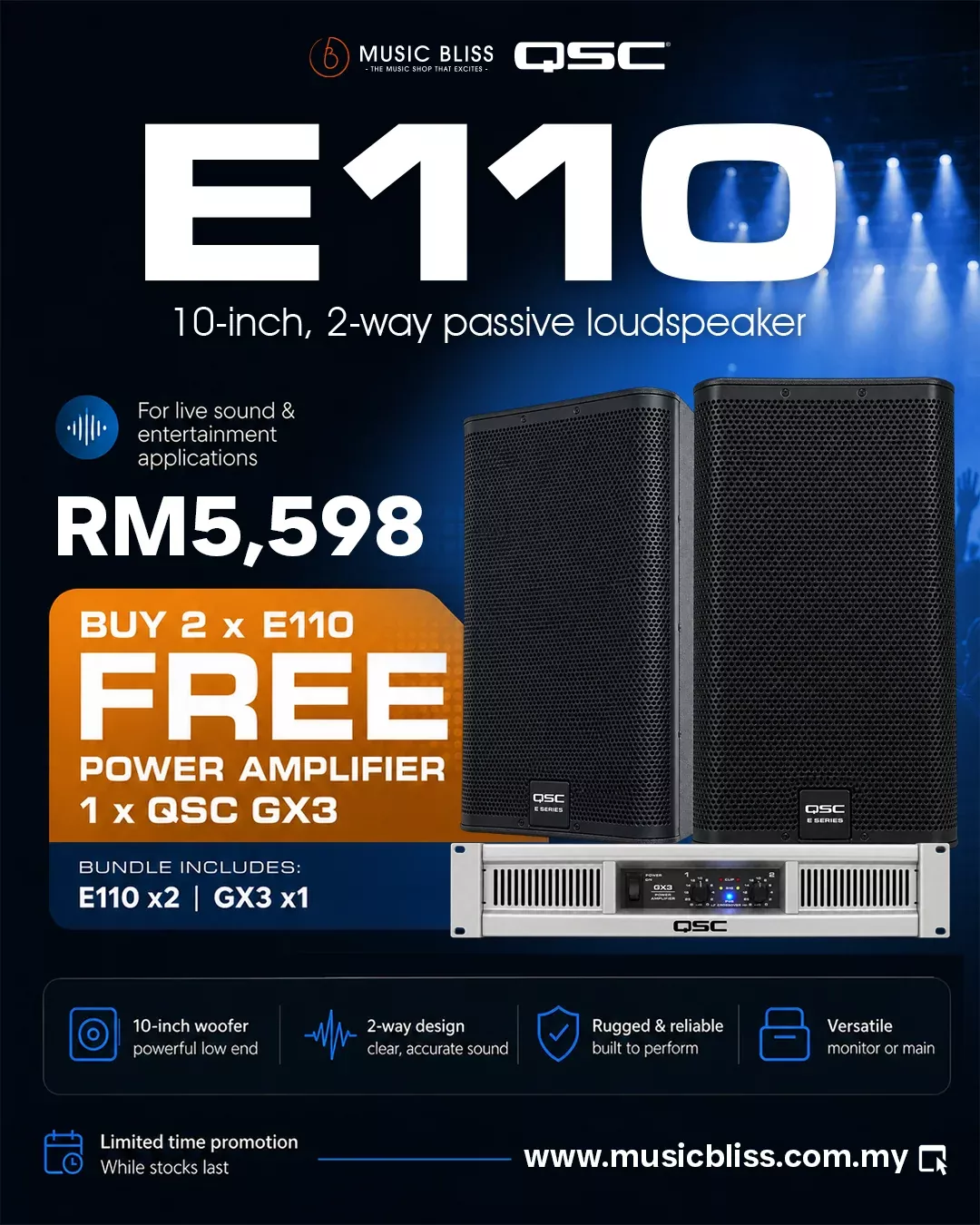 QSC E110 1200-watt 10 inch Passive Speaker with QSC GX3 Power Amplifier