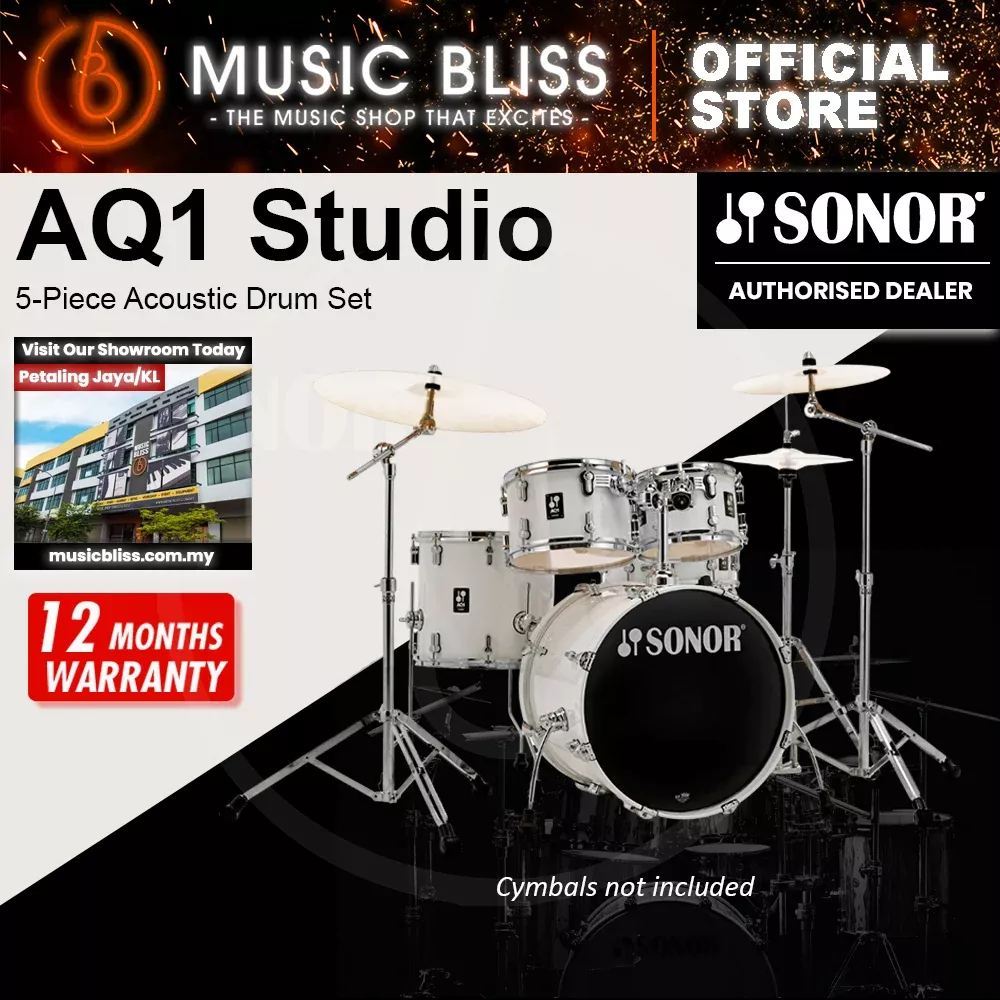 Sonor AQ1 Studio 5-Piece Acoustic Drum Set with Hardware – 20 Inch Bass Drum – Piano Black