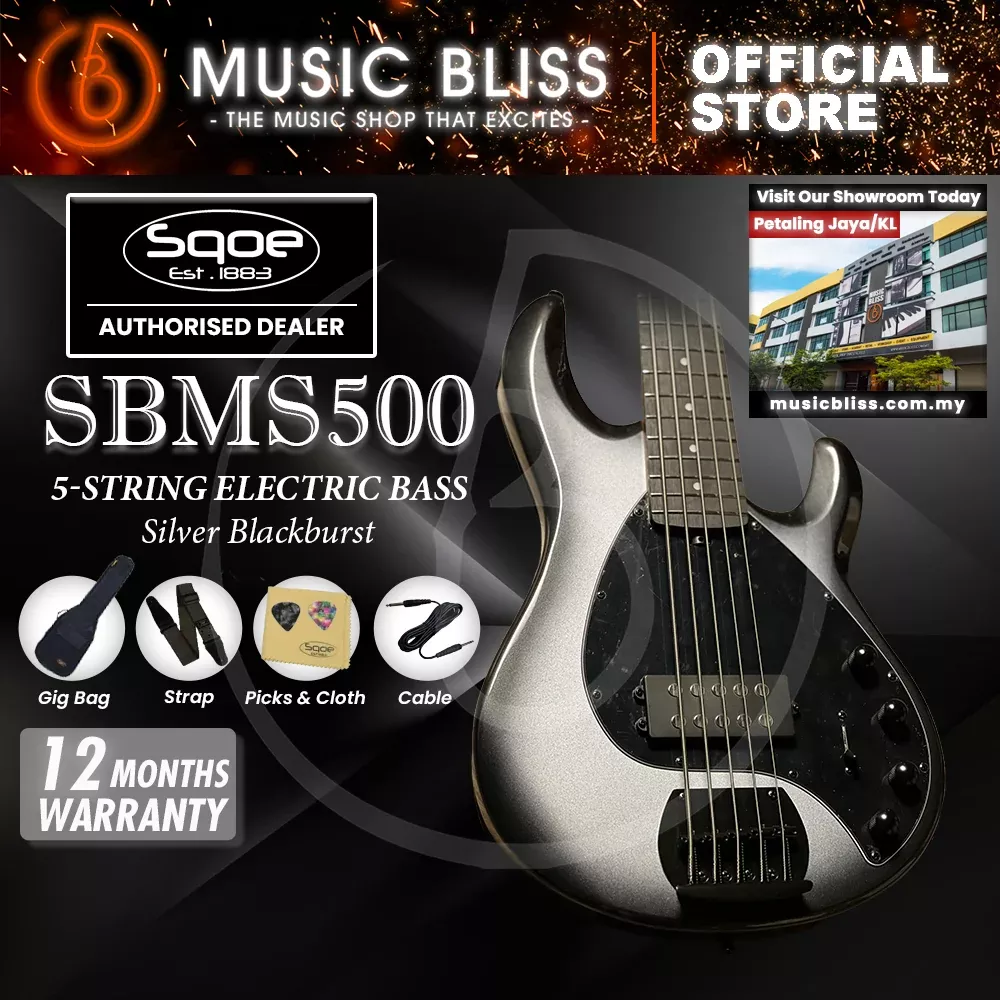 SQOE SBMS500 5 String Bass Guitar – Silver Blackburst