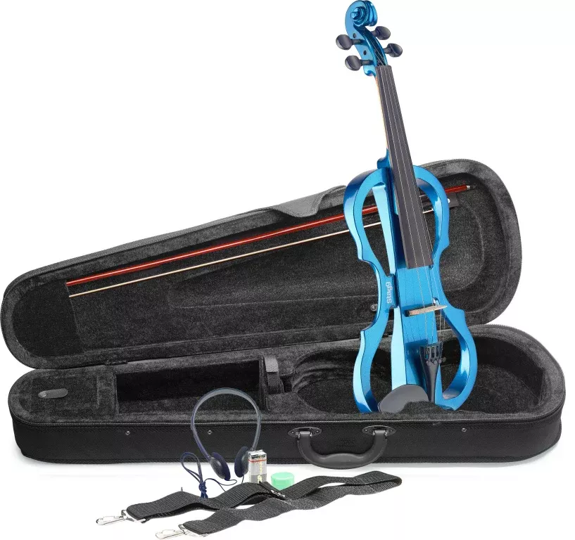 Stagg 4/4 electric violin set with metallic blue electric violin, soft case and headphones – EVN X-4/4 MBL