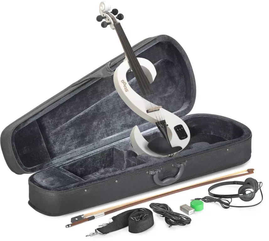 Stagg 4/4 electric violin set with S-shaped white electric violin, soft case and headphones – EVN 4/4 WH