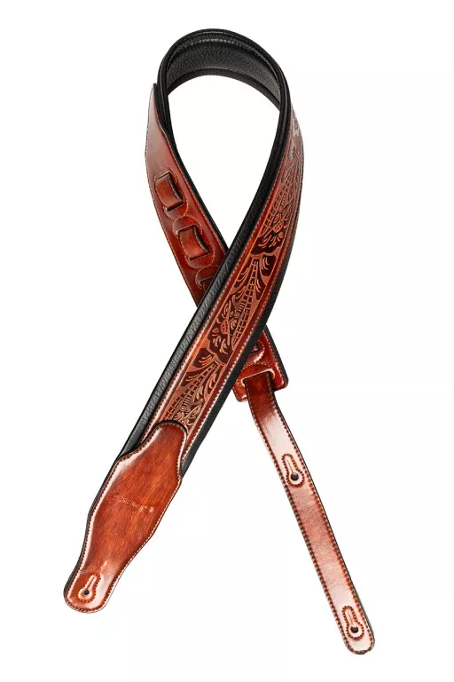 Stagg Brown padded distressed leatherette guitar strap with pressed flower pattern – SPFL AGED BRW