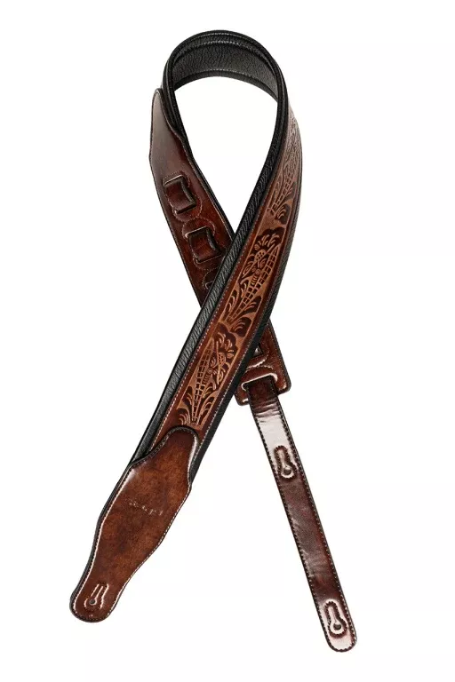 Stagg Dark brown padded distressed leatherette guitar strap with pressed flower pattern – SPFL AGED DBRW