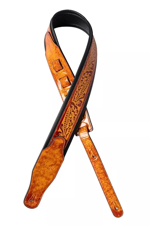 Stagg Light brown padded distressed leatherette guitar strap with pressed flower pattern – SPFL AGED LBRW
