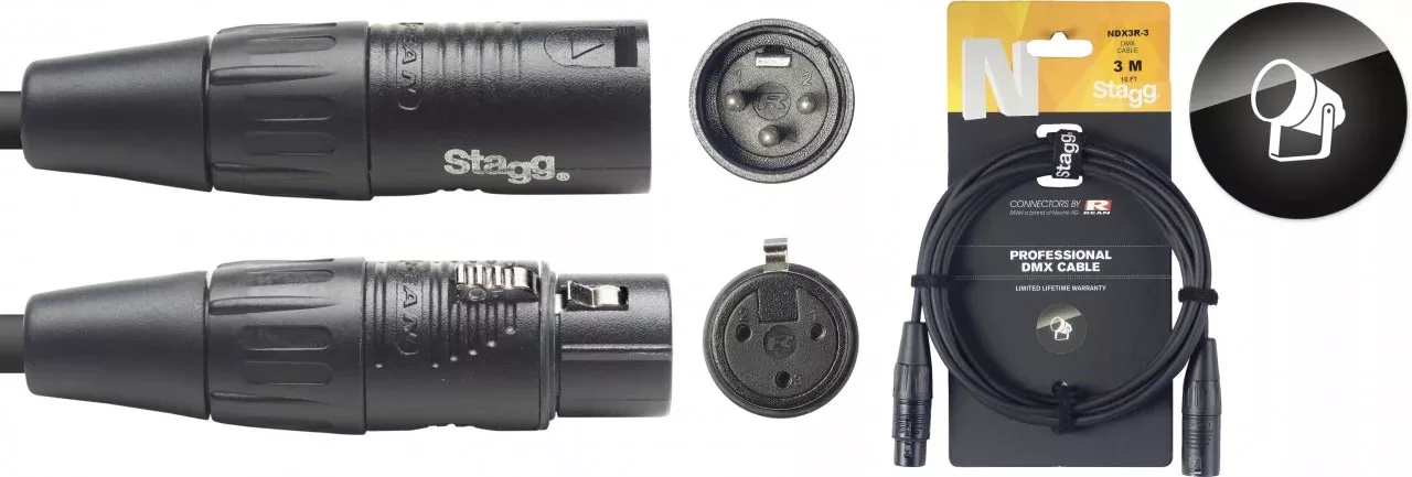 Stagg NDX3R-3 3m 3-Pin DMX Cable – Black