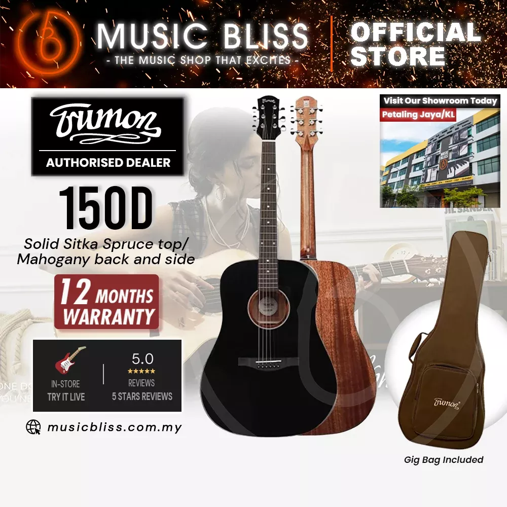 Trumon 150 D Solid Sitka Spruce top/Mahogany back and side Acoustic Guitar – Black with Pickup