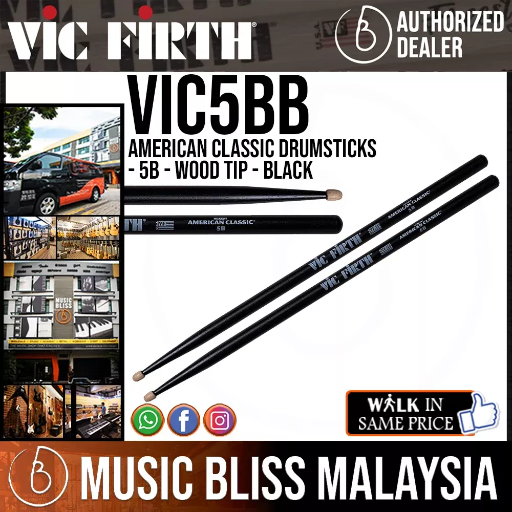 Vic Firth American Classic Drumsticks – 5B – Wood Tip – Black