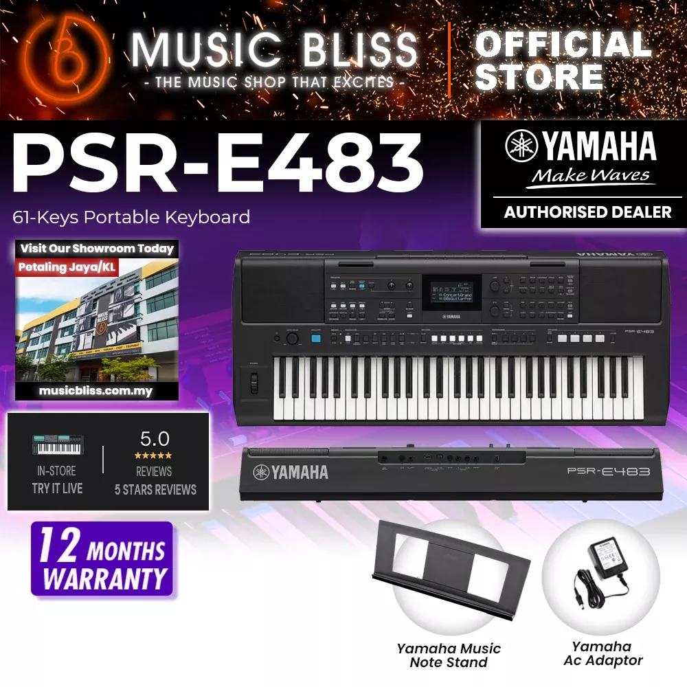 Yamaha Keyboards PSR-E483 61-Keys Portable Keyboard with Original Adapter